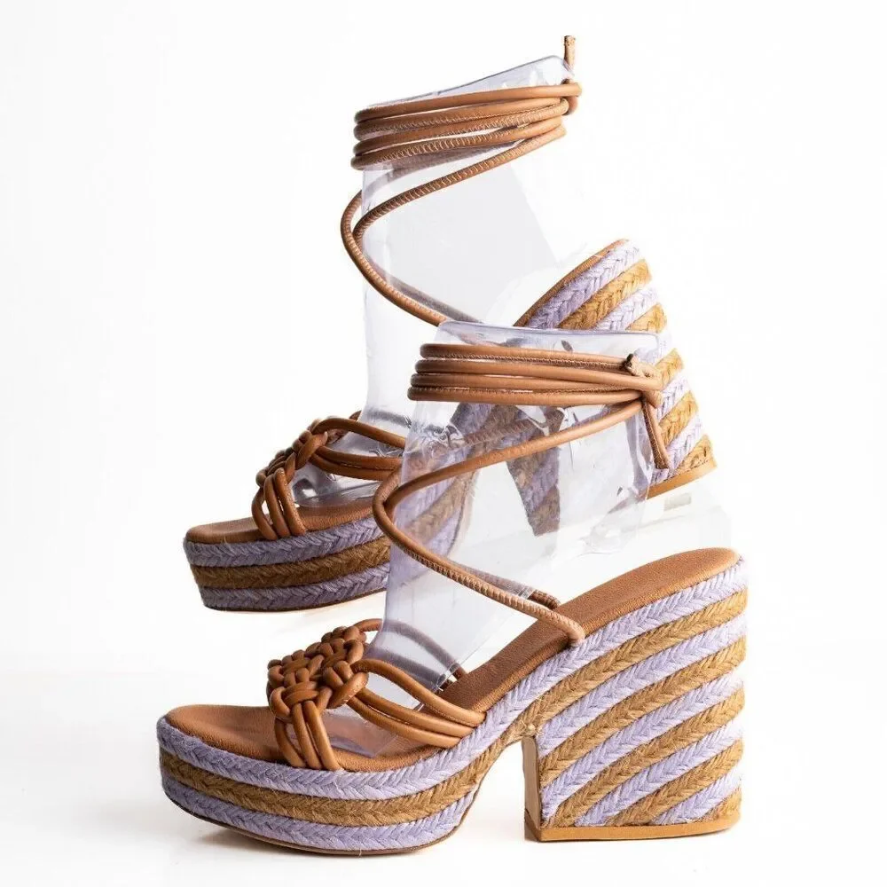 Anthropologie Womens Raffia Platform Ankle Tie Sandals US 9 EU 40 Purple NWB